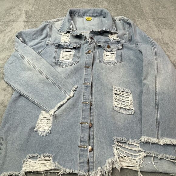 Daisy Blue Distressed Long Denim Jacket Women’s Size 3X Frayed Hem Pockets - Picture 4 of 11